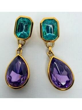 Trifari TM Purple Aqua Blue Dangle Pierced Earring Set
